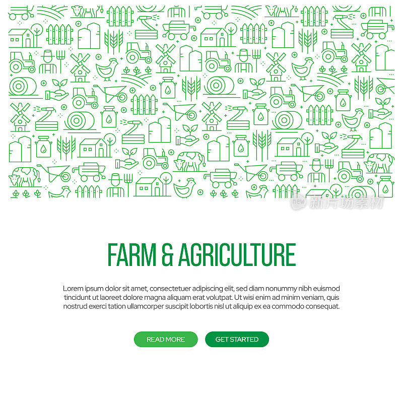 Farm and Agriculture Related Banner Design with Pattern. Modern Line Style Icons Vector Illustration